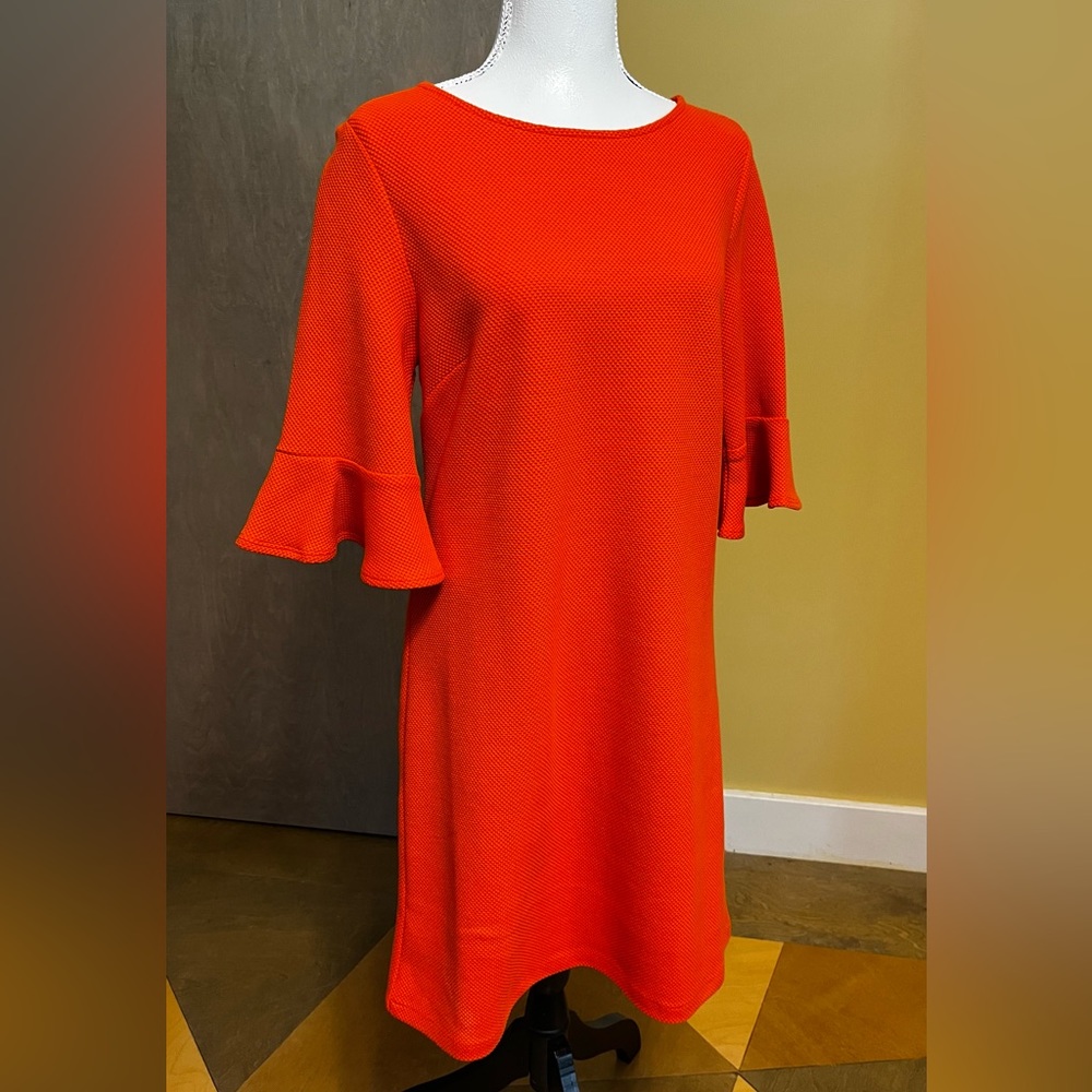 Paris Sunday Pique Ponte Knit Orange Dress 3/4 Flounce Sleeves M